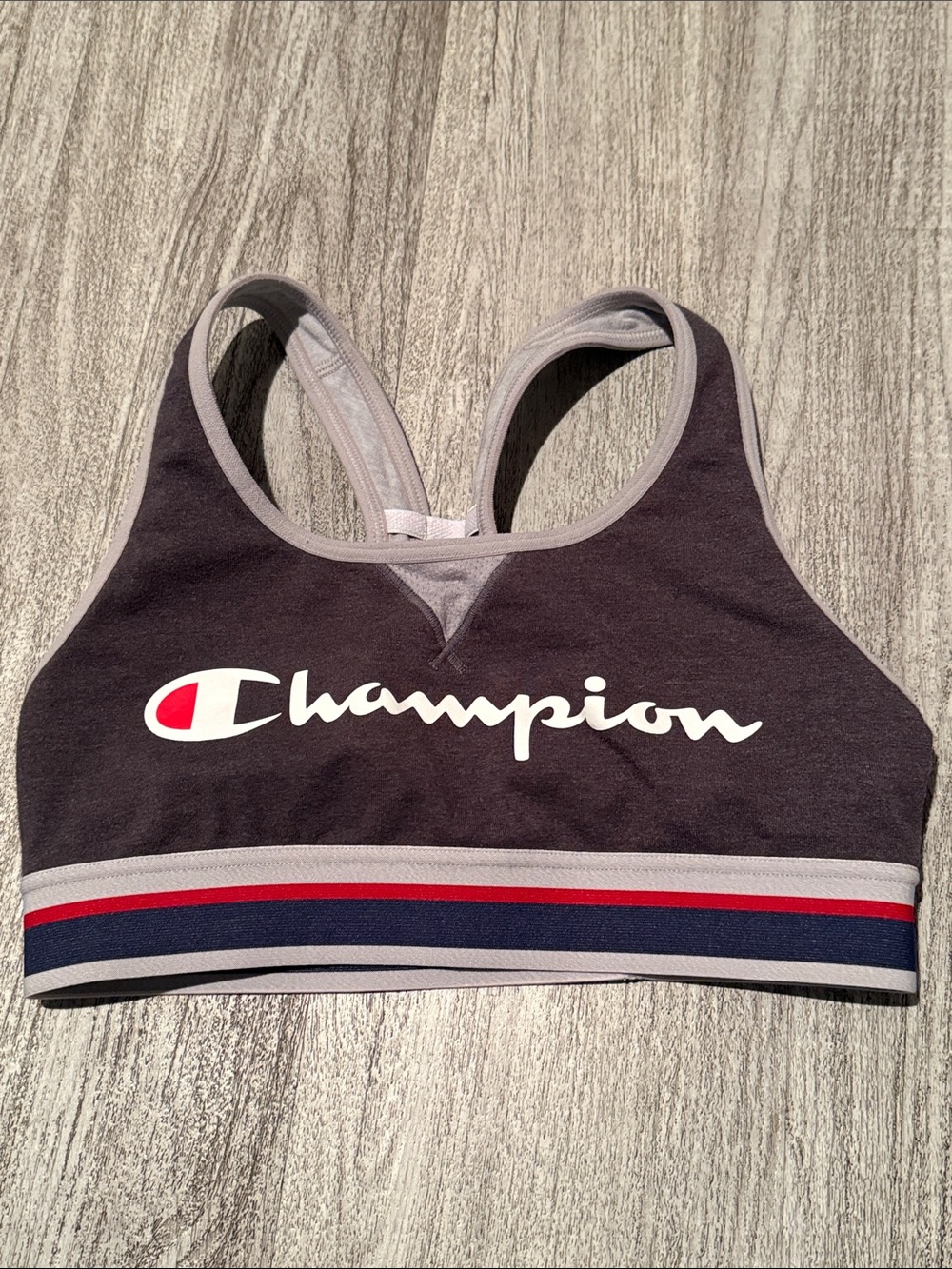 Champion Dark Gray Sports Bra with Red & Navy Band